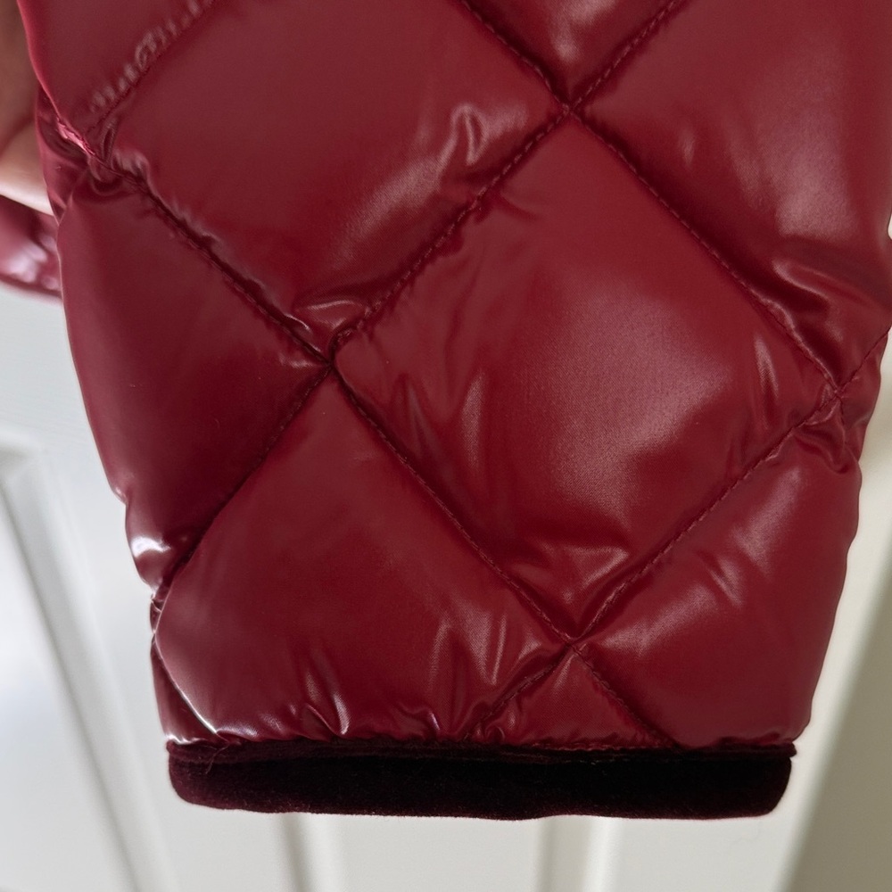 Moncler Quilted Red Hooded Goose Down Jacket w/Burgundy Velvet Accents & Trim - Picture 6 of 13